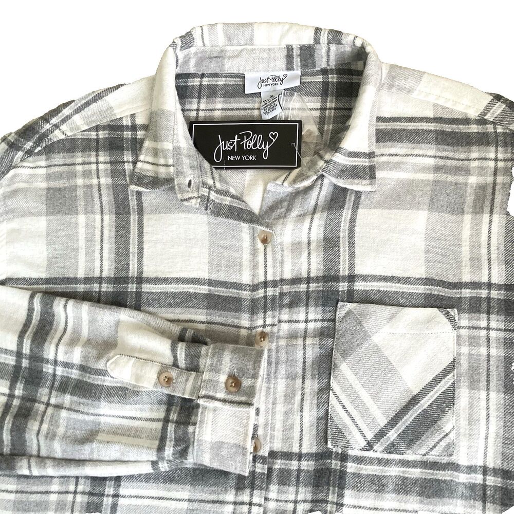 Just Polly NEW Flannel Shirt Soft Cotton Blend XL Plaid Gray White Gorpcore
